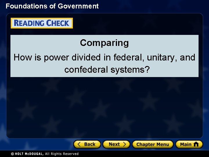 Foundations of Government Comparing How is power divided in federal, unitary, and confederal systems?