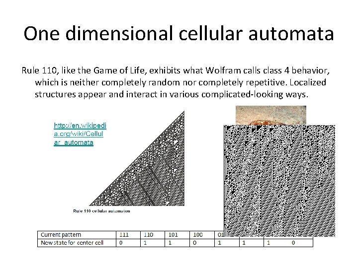 One dimensional cellular automata Rule 110, like the Game of Life, exhibits what Wolfram