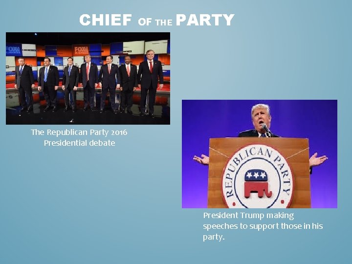 CHIEF OF THE PARTY The Republican Party 2016 Presidential debate President Trump making speeches