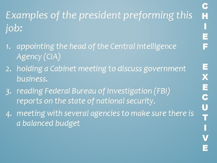 Examples of the president preforming this job: 1. appointing the head of the Central