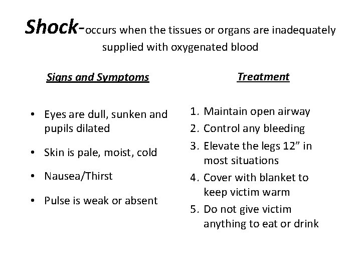 Shock-occurs when the tissues or organs are inadequately supplied with oxygenated blood Signs and