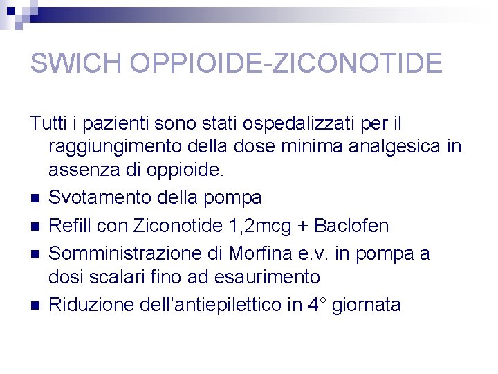 SWICH OPPIOIDE-ZICONOTIDE Tutti i pazienti sono stati ospedalizzati per il raggiungimento della dose minima