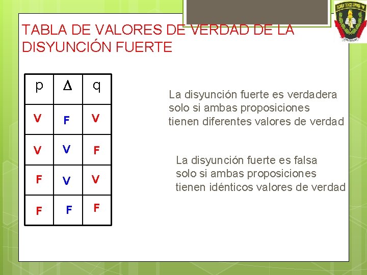 TABLA DE VALORES DE VERDAD DE LA DISYUNCIÓN FUERTE p q V F V