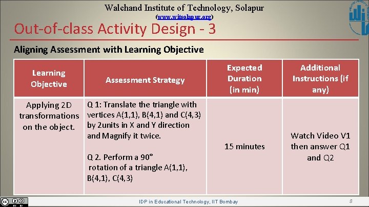 Walchand Institute of Technology, Solapur (www. witsolapur. org) Out-of-class Activity Design - 3 Aligning