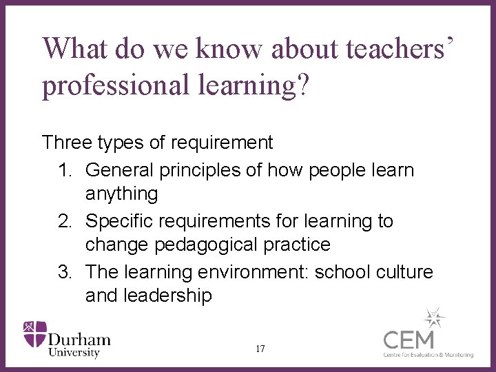 What do we know about teachers’ professional learning? Three types of requirement 1. General