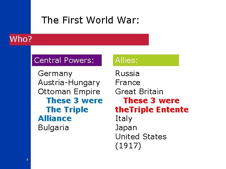 The First World War: Who? Central Powers: Germany Austria-Hungary Ottoman Empire These 3 were