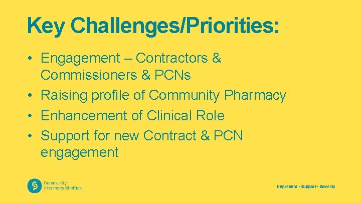 Key Challenges/Priorities: • Engagement – Contractors & Commissioners & PCNs • Raising profile of