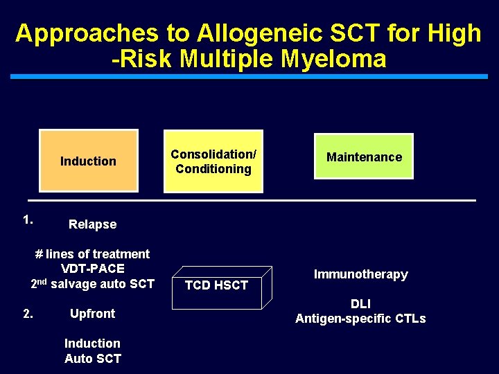 Approaches to Allogeneic SCT for High -Risk Multiple Myeloma Induction 1. Maintenance Relapse #