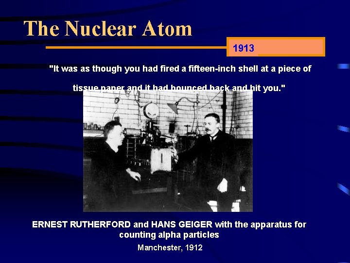 The Nuclear Atom 1913 "It was as though you had fired a fifteen-inch shell