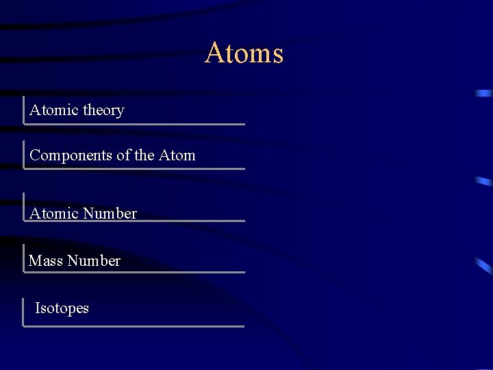 Atoms Atomic theory Components of the Atomic Number Mass Number Isotopes 