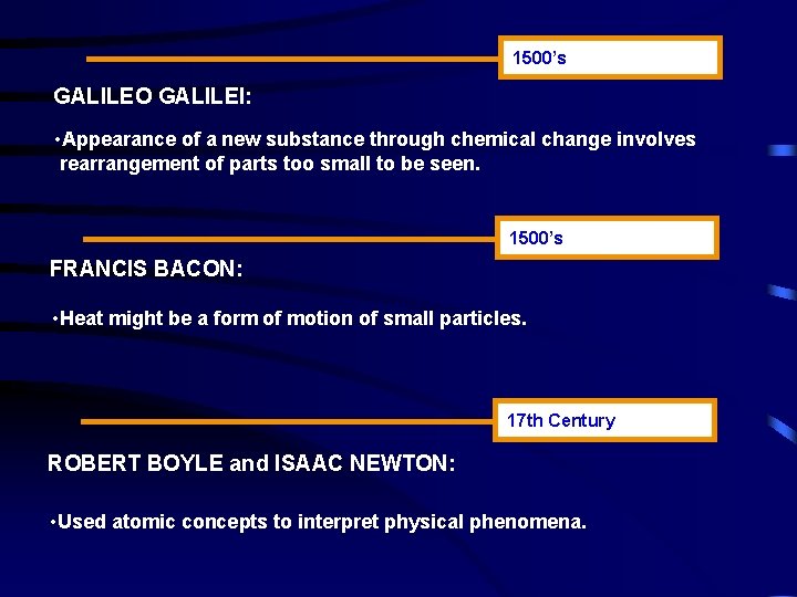 1500’s GALILEO GALILEI: • Appearance of a new substance through chemical change involves rearrangement
