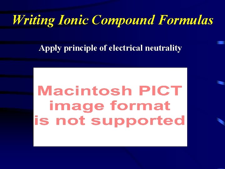 Writing Ionic Compound Formulas Apply principle of electrical neutrality 