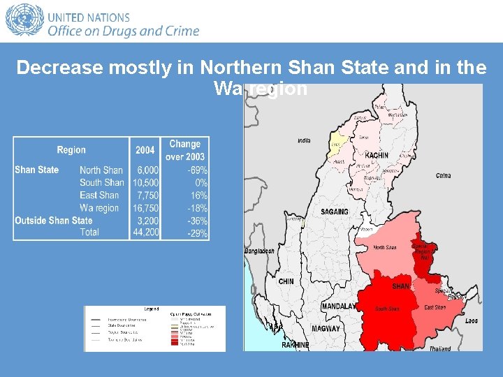 Decrease mostly in Northern Shan State and in the Wa region 