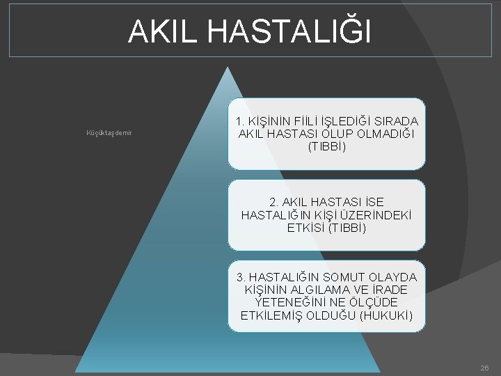 AKIL HASTALIĞI Küçüktaşdemir 1. KİŞİNİN FİİLİ İŞLEDİĞİ SIRADA AKIL HASTASI OLUP OLMADIĞI (TIBBİ) 2.