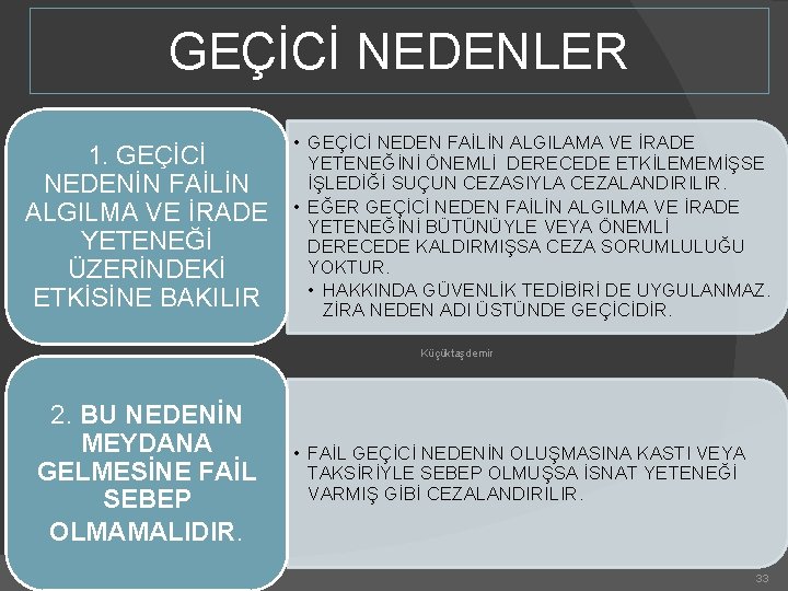 GEÇİCİ NEDENLER 1. GEÇİCİ NEDENİN FAİLİN ALGILMA VE İRADE YETENEĞİ ÜZERİNDEKİ ETKİSİNE BAKILIR •