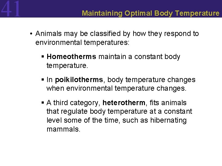 41 Maintaining Optimal Body Temperature • Animals may be classified by how they respond