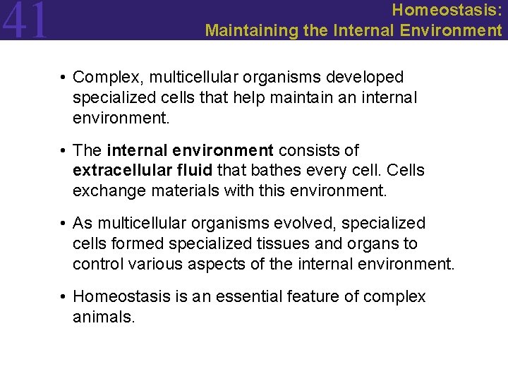 41 Homeostasis: Maintaining the Internal Environment • Complex, multicellular organisms developed specialized cells that