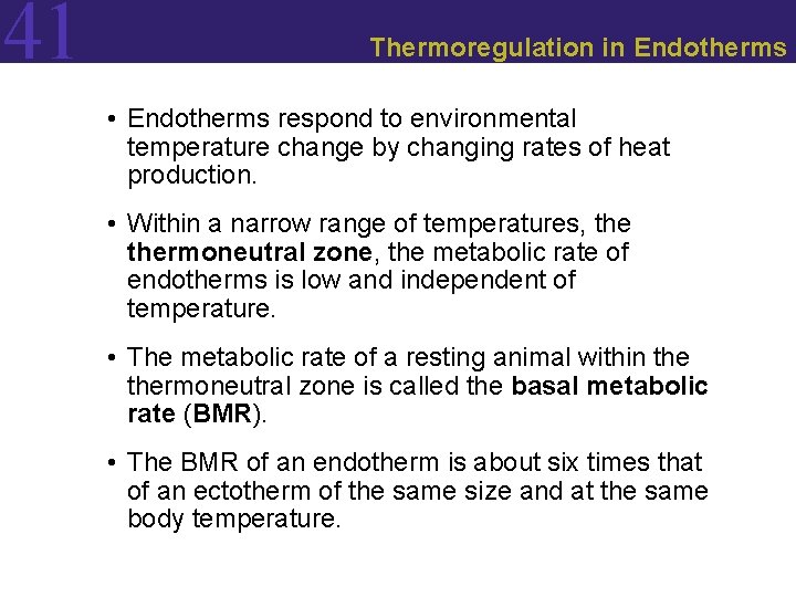41 Thermoregulation in Endotherms • Endotherms respond to environmental temperature change by changing rates