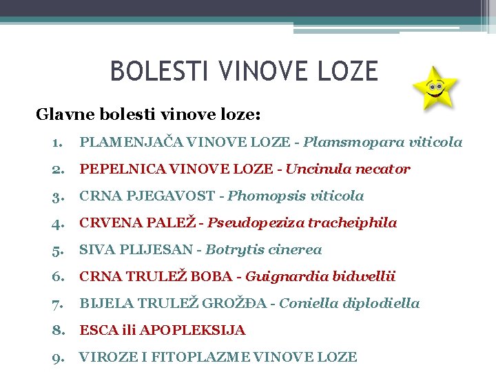 BOLESTI VINOVE LOZE Glavne bolesti vinove loze: 1. PLAMENJAČA VINOVE LOZE - Plamsmopara viticola