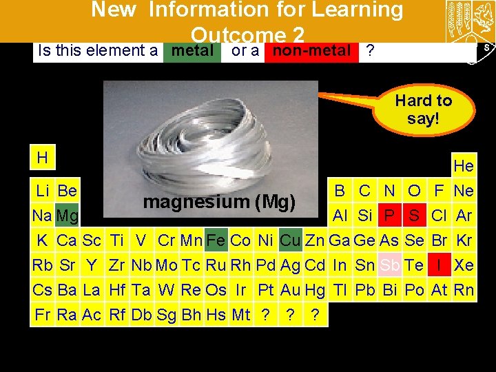 New Information for Learning Outcome 2 Is this element a metal or a non-metal