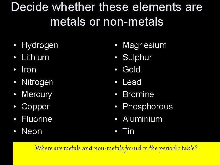 Decide whether these elements are metals or non-metals • • Hydrogen Lithium Iron Nitrogen