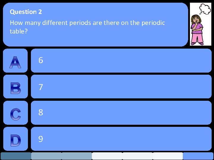 Question 2 How many different periods are there on the periodic table? 6 7