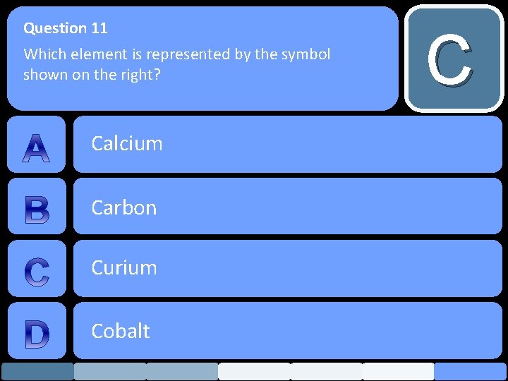 Question 11 Which element is represented by the symbol shown on the right? Calcium