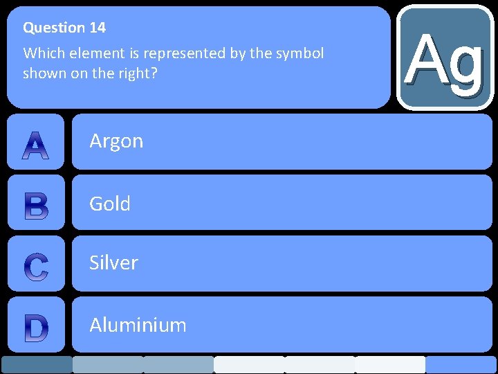Question 14 Which element is represented by the symbol shown on the right? Argon