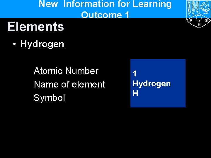 New Information for Learning Outcome 1 Elements • Hydrogen Atomic Number Name of element