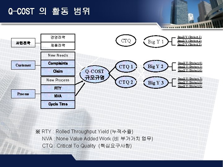 Q-COST 의 활동 범위 경영전략 사업전략 CTQ Big Y 1 Small Y (Project 1)
