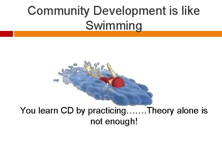 Community Development is like Swimming You learn CD by practicing……. Theory alone is not