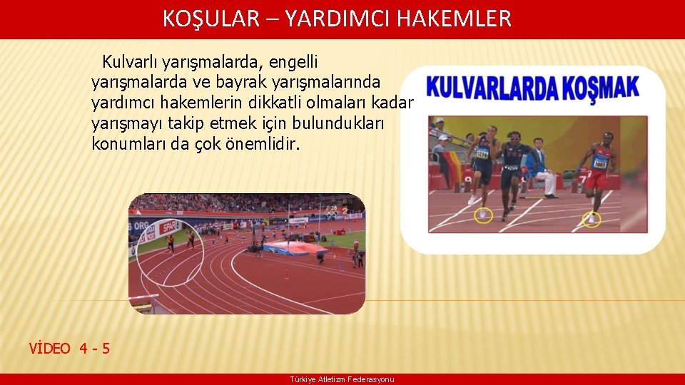  KOŞULAR – YARDIMCI HAKEMLER Kulvarlı yarışmalarda, engelli yarışmalarda ve bayrak yarışmalarında yardımcı hakemlerin