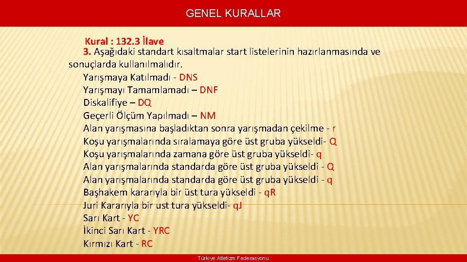 GENEL KURALLAR Kural : 132. 3 İlave 3. Aşağıdaki standart kısaltmalar start listelerinin hazırlanmasında