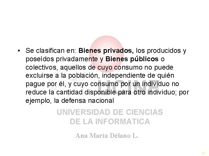  • Se clasifican en: Bienes privados, los producidos y poseídos privadamente y Bienes