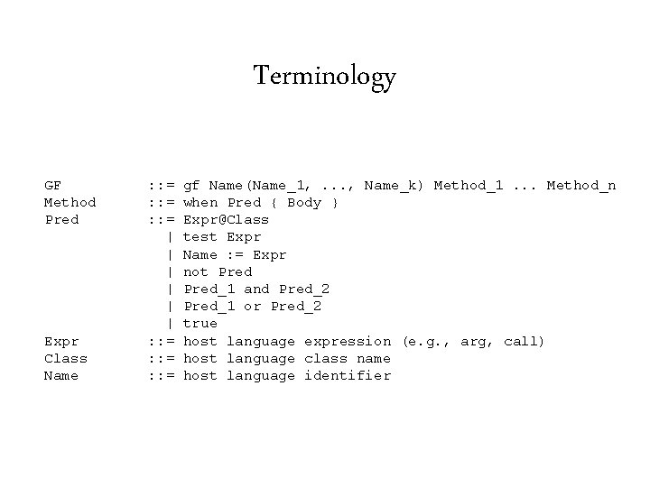 Terminology GF Method Pred Expr Class Name : : = | | | :