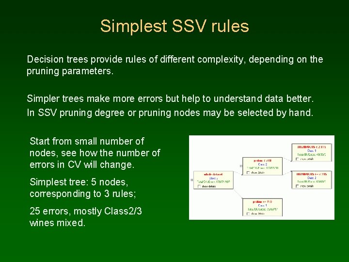 Simplest SSV rules Decision trees provide rules of different complexity, depending on the pruning
