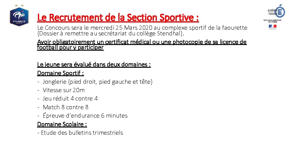 Le Recrutement de la Section Sportive : Le Concours sera le mercredi 25 Mars