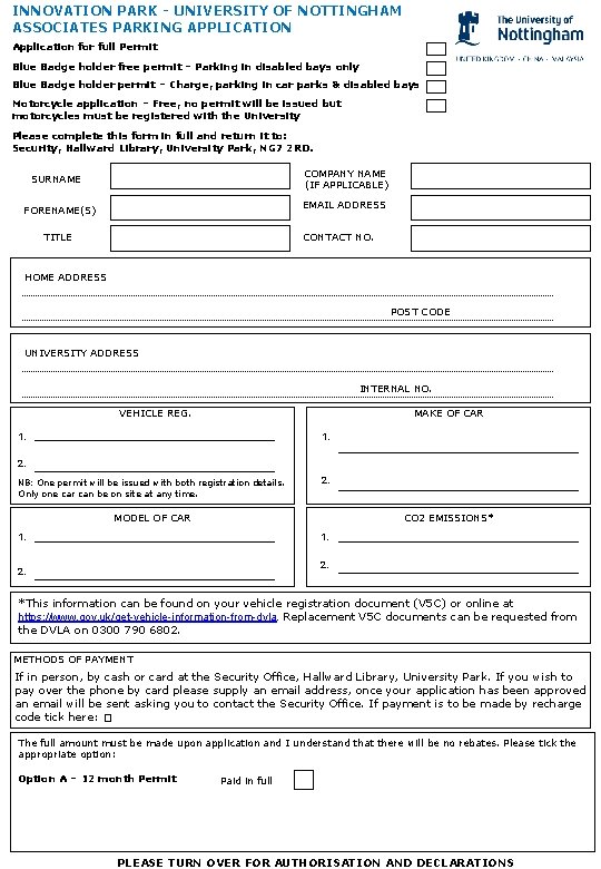 INNOVATION PARK - UNIVERSITY OF NOTTINGHAM ASSOCIATES PARKING APPLICATION Application for full Permit Blue