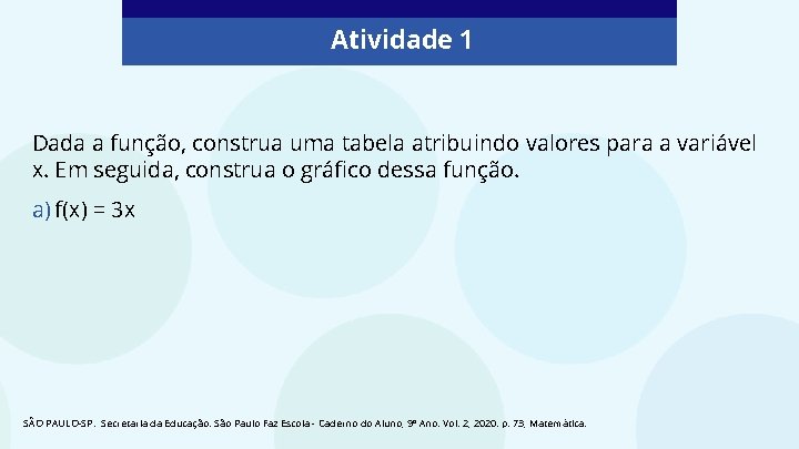 Atividade 1 Dada a função, construa uma tabela atribuindo valores para a variável x.