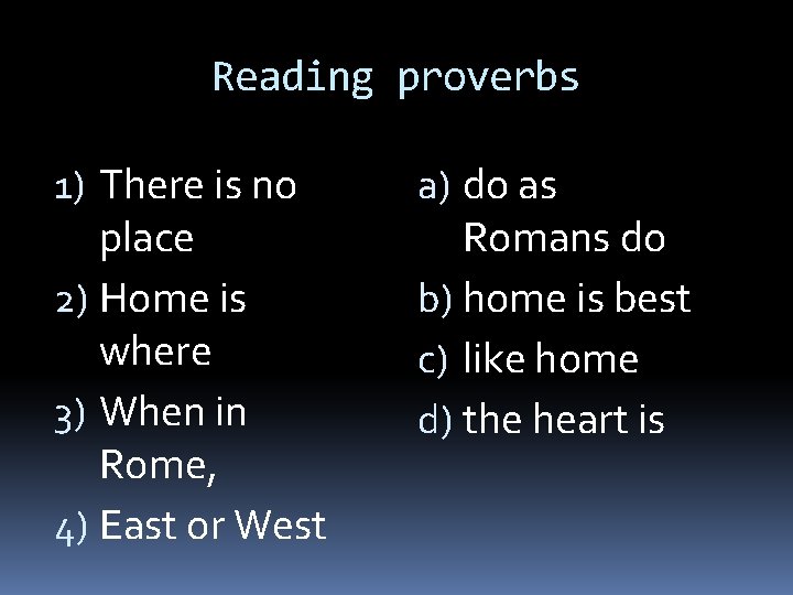 Reading proverbs 1) There is no place 2) Home is where 3) When in