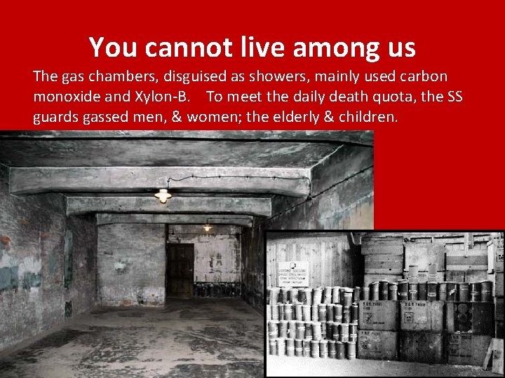 You cannot live among us The gas chambers, disguised as showers, mainly used carbon