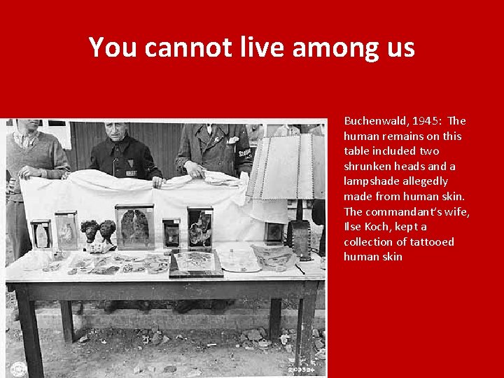 You cannot live among us Buchenwald, 1945: The human remains on this table included