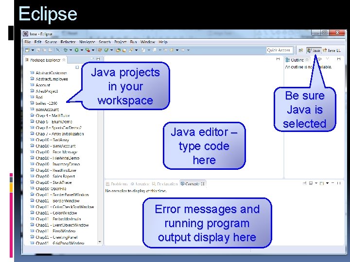 Eclipse Java projects in your workspace Java editor – type code here Error messages