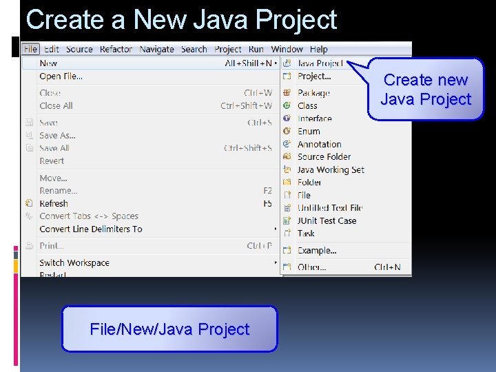 Create a New Java Project Create new Java Project File/New/Java Project 