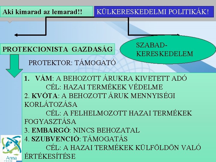 Aki kimarad az lemarad!! KÜLKERESKEDELMI POLITIKÁK! PROTEKCIONISTA GAZDASÁG SZABAD- KERESKEDELEM PROTEKTOR: TÁMOGATÓ 1. VÁM: