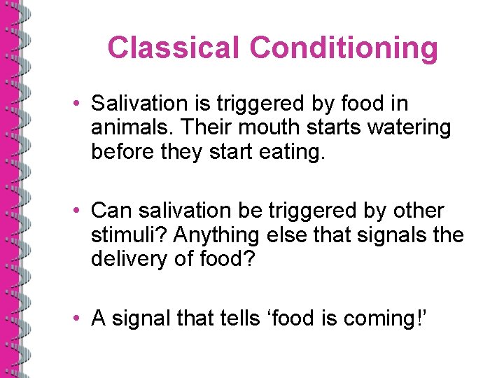 Classical Conditioning • Salivation is triggered by food in animals. Their mouth starts watering