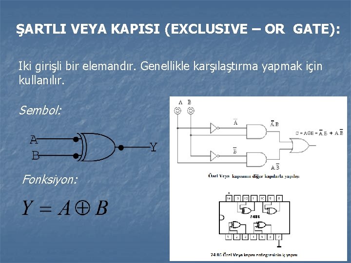 ŞARTLI VEYA KAPISI (EXCLUSIVE – OR GATE): Iki girişli bir elemandır. Genellikle karşılaştırma yapmak