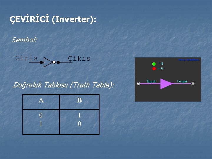 ÇEVİRİCİ (Inverter): Sembol: Doğruluk Tablosu (Truth Table): A B 0 1 1 0 