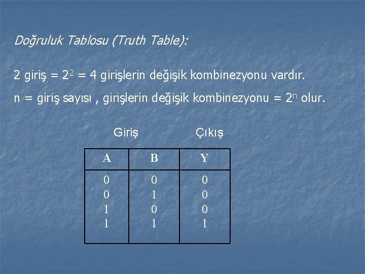 Doğruluk Tablosu (Truth Table): 2 giriş = 22 = 4 girişlerin değişik kombinezyonu vardır.