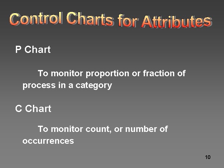 P Chart To monitor proportion or fraction of process in a category C Chart